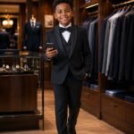 A young boy in a stylish black tuxedo suit, perfect for formal events and special occasions, standing in a clothing store.