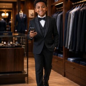A young boy in a stylish black tuxedo suit, perfect for formal events and special occasions, standing in a clothing store.