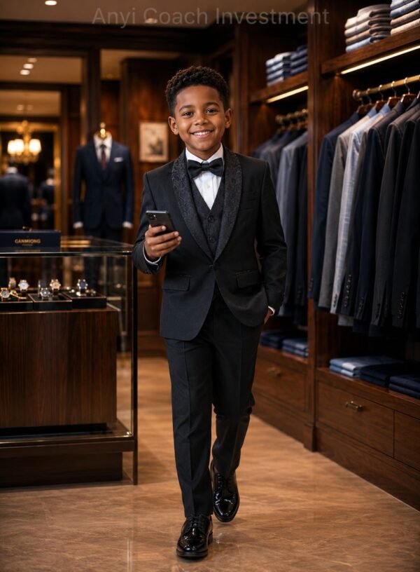 A young boy in a stylish black tuxedo suit, perfect for formal events and special occasions, standing in a clothing store.