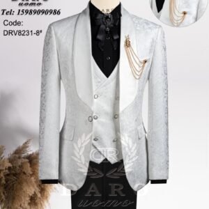 A mannequin wearing a luxurious white and black tuxedo suit with gold accents, perfect for formal events.