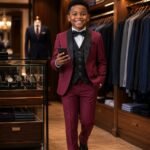 A young boy confidently walking in a burgundy suit set with black vest and bowtie, holding a phone, surrounded by stylish clothing and accessories in a modern store.
