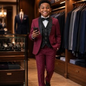 A young boy confidently walking in a burgundy suit set with black vest and bowtie, holding a phone, surrounded by stylish clothing and accessories in a modern store.