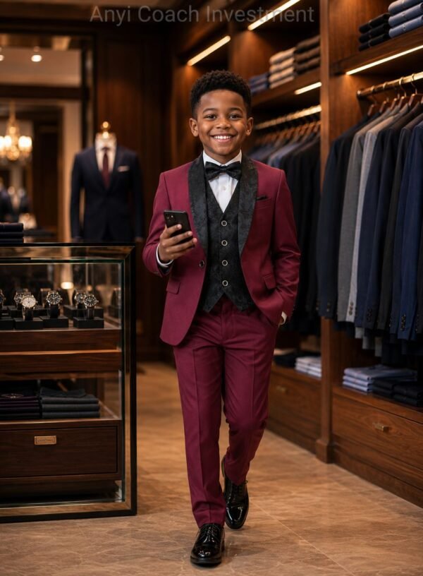 A young boy confidently walking in a burgundy suit set with black vest and bowtie, holding a phone, surrounded by stylish clothing and accessories in a modern store.