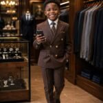A young boy in a brown double-breasted suit with gold buttons, standing in a stylish store, looking confident and happy.