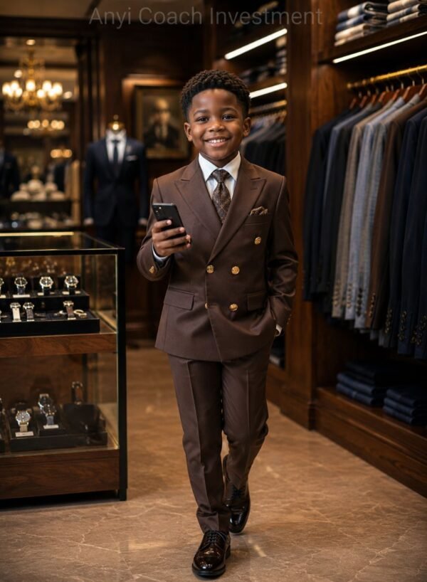 A young boy in a brown double-breasted suit with gold buttons, standing in a stylish store, looking confident and happy.