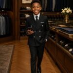 A young boy confidently walking in a stylish black double-breasted suit, perfect for formal events and special occasions.