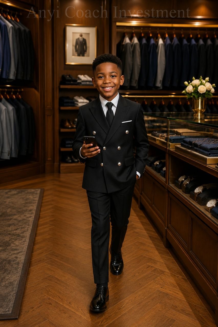 A young boy confidently walking in a stylish black double-breasted suit, perfect for formal events and special occasions.