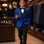 A young boy confidently walking in a royal blue blazer, white shirt, and black pants, holding a phone in his hand.