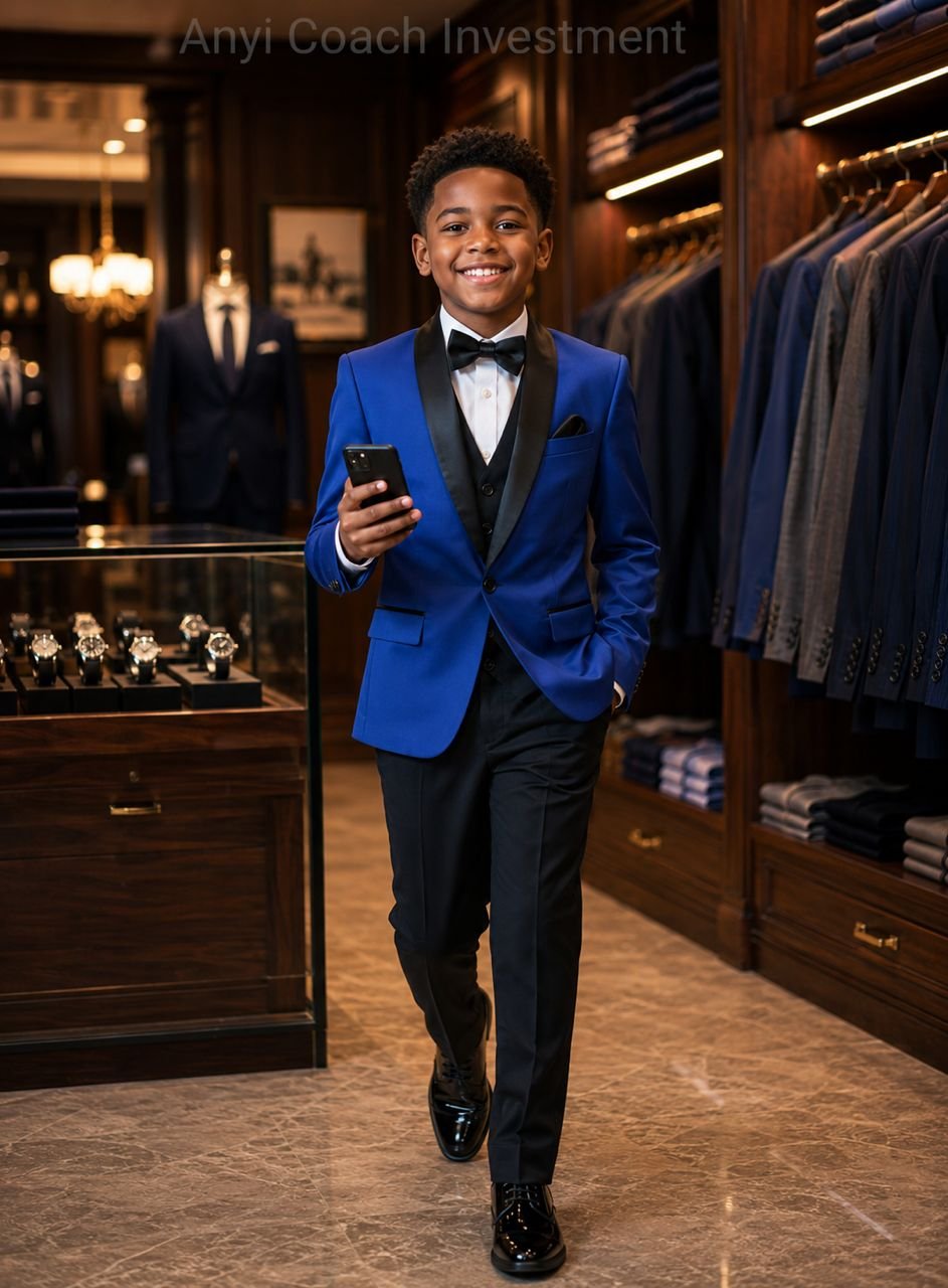 A young boy confidently walking in a royal blue blazer, white shirt, and black pants, holding a phone in his hand.