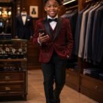 Young man in a stylish red velvet tuxedo jacket, perfect for formal events and special occasions.