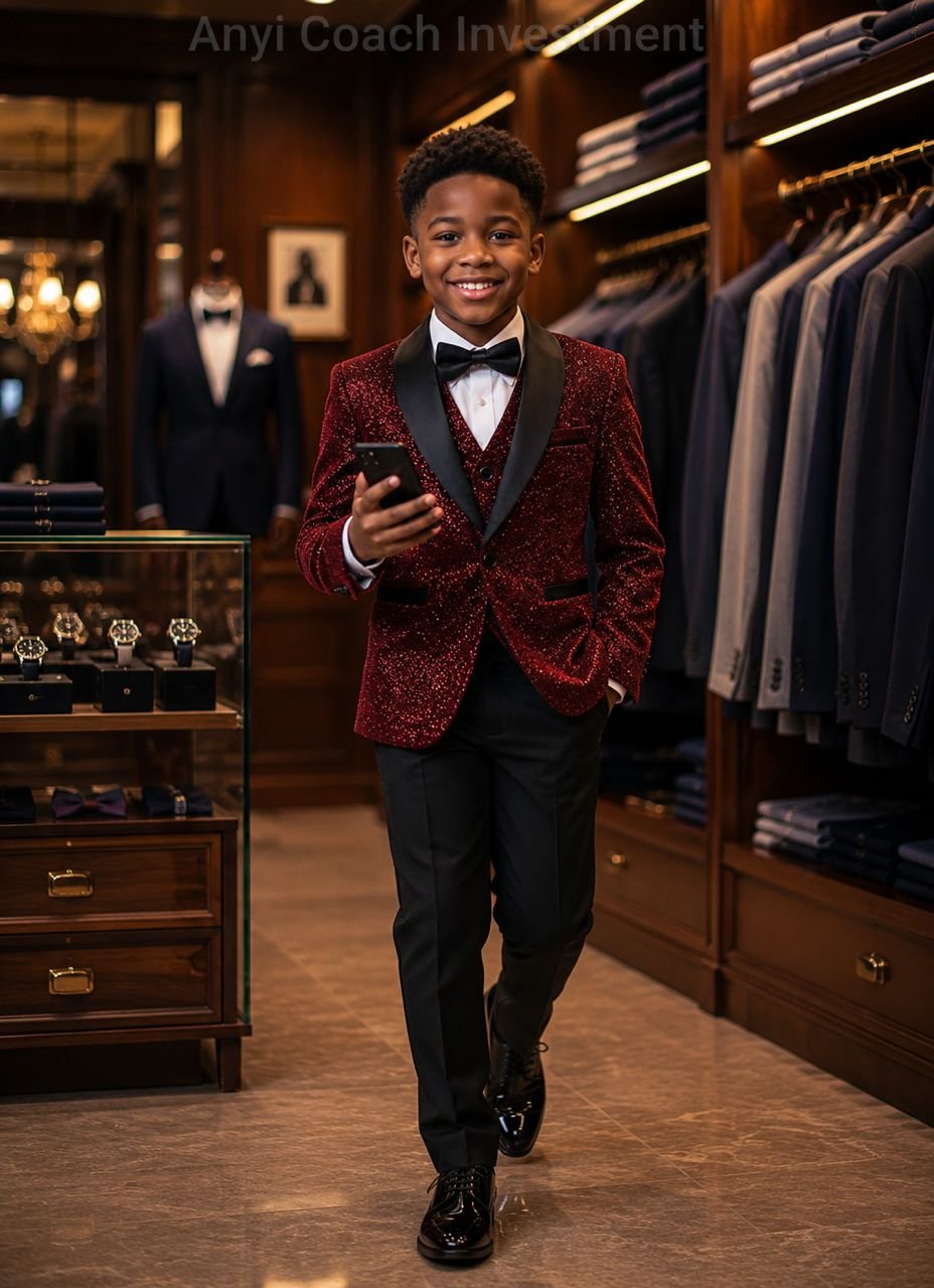 Young man in a stylish red velvet tuxedo jacket, perfect for formal events and special occasions.