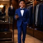 A young boy in a navy blue suit, white shirt, and bowtie, standing in a stylish clothing store with a phone in hand, exuding confidence and style.