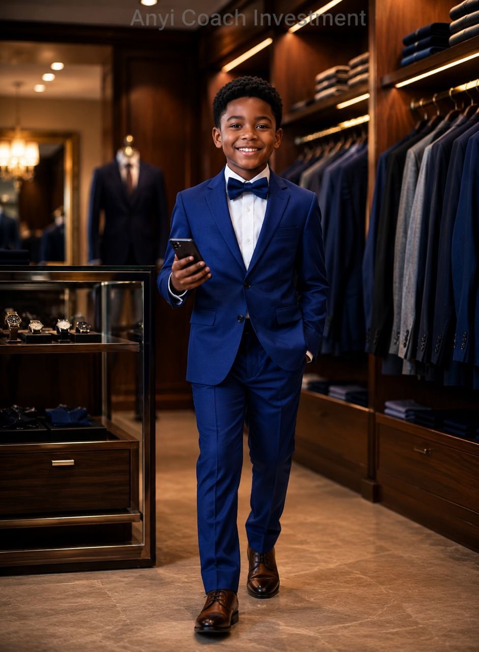 A young boy in a navy blue suit, white shirt, and bowtie, standing in a stylish clothing store with a phone in hand, exuding confidence and style.