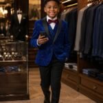 A young boy in a stylish blue velvet blazer with satin lapel and matching bow tie, standing in a luxurious clothing store.