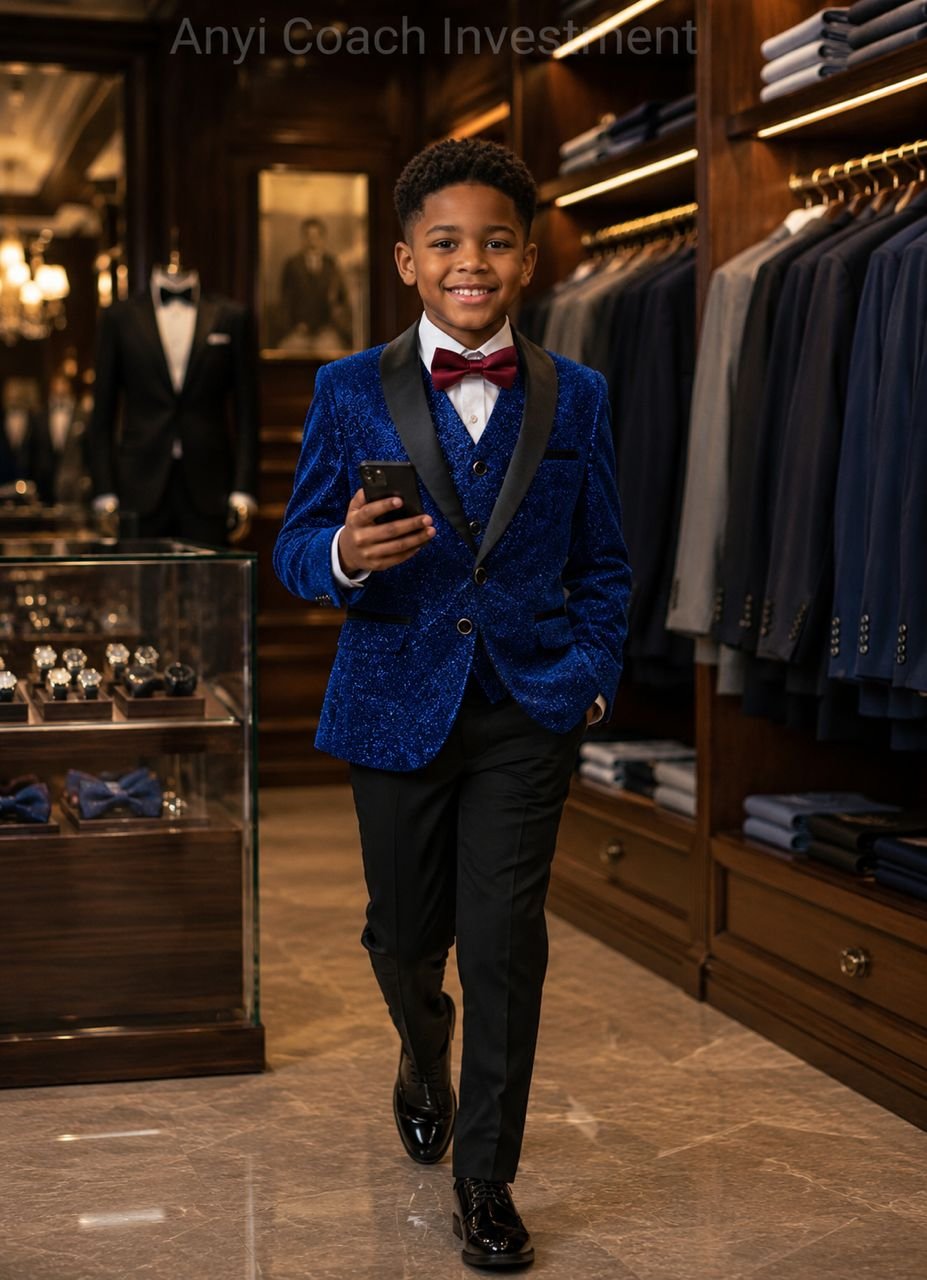 A young boy in a stylish blue velvet blazer with satin lapel and matching bow tie, standing in a luxurious clothing store.