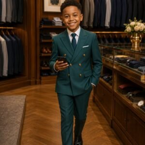 A young boy confidently walking in a stylish green double-breasted suit with gold buttons, perfect for formal events and special occasions.