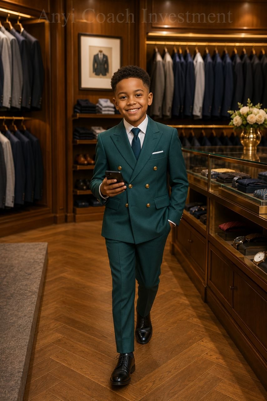 A young boy confidently walking in a stylish green double-breasted suit with gold buttons, perfect for formal events and special occasions.