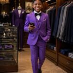 A young boy confidently walking in a purple suit set, bowtie, and pocket square, surrounded by stylish clothing and accessories.