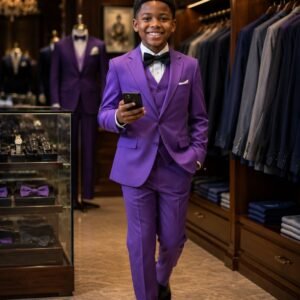 A young boy confidently walking in a purple suit set, bowtie, and pocket square, surrounded by stylish clothing and accessories.