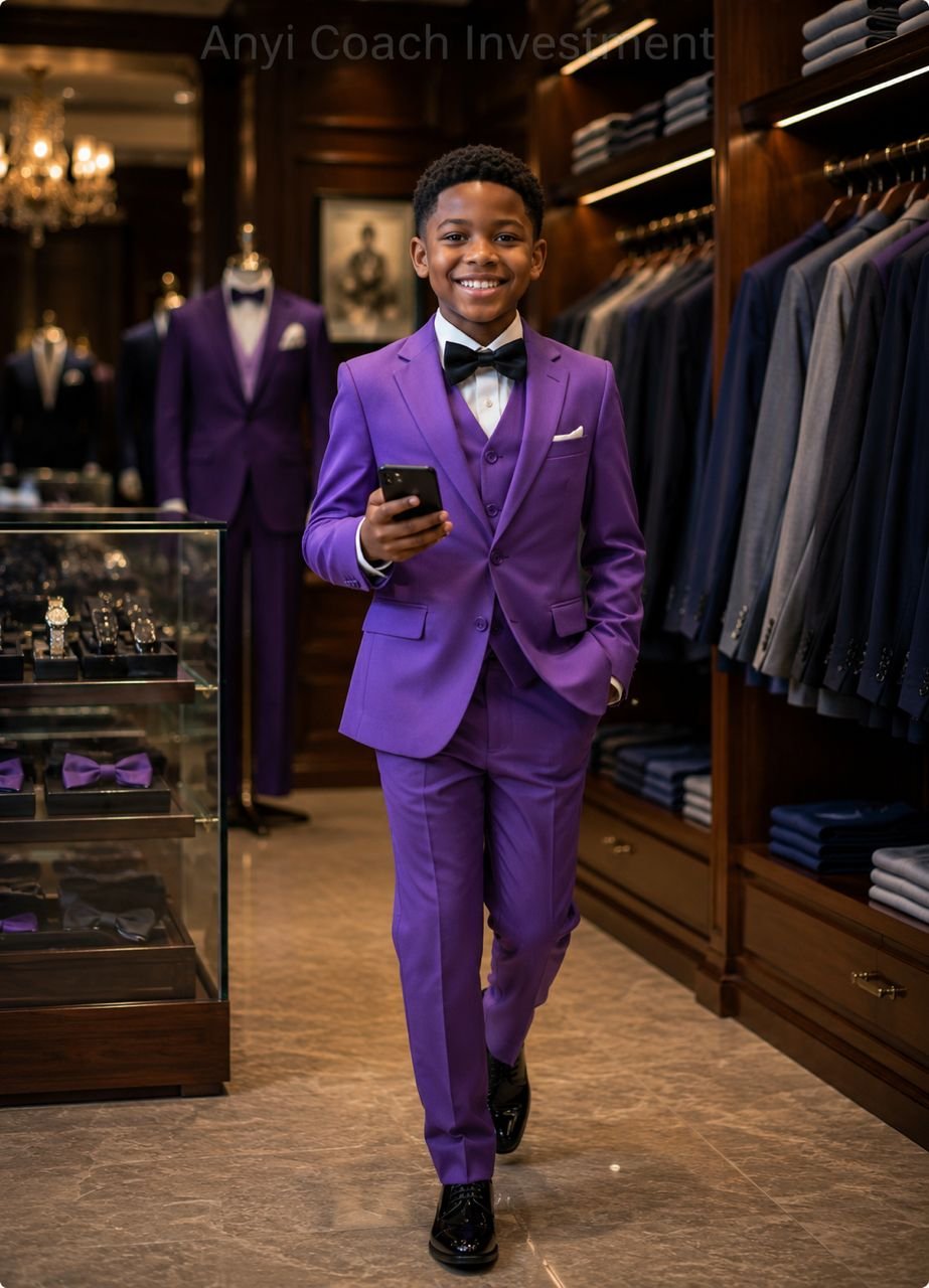 A young boy confidently walking in a purple suit set, bowtie, and pocket square, surrounded by stylish clothing and accessories.