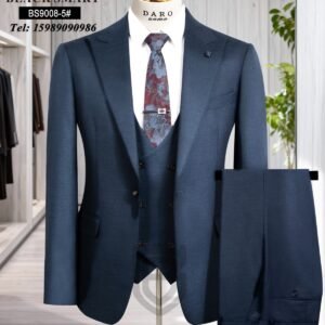 A navy blue three-piece suit with a floral tie on a mannequin, perfect for formal occasions.