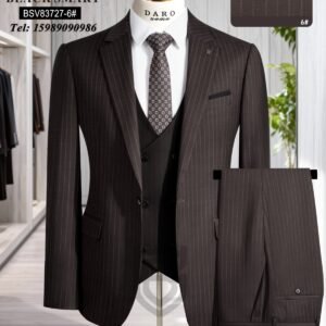 Brown pinstripe three-piece suit with matching trousers and tie on a mannequin.