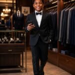 A young boy in a stylish black suit walking through a clothing store, perfect for formal events and special occasions.
