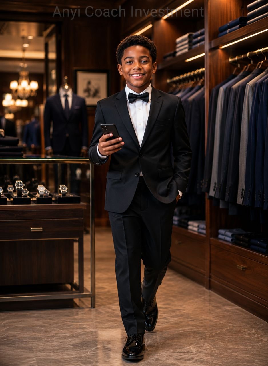 A young boy in a stylish black suit walking through a clothing store, perfect for formal events and special occasions.