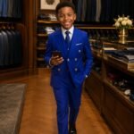 A young boy confidently walking in a royal blue double-breasted suit, perfect for formal occasions.