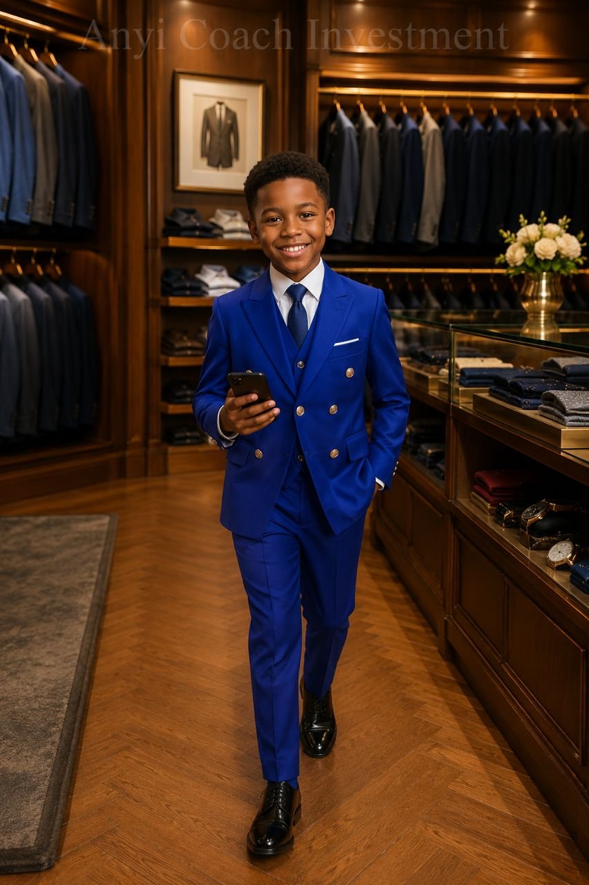A young boy confidently walking in a royal blue double-breasted suit, perfect for formal occasions.