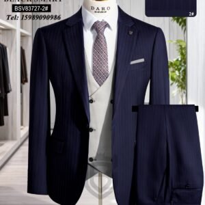 A navy blue pinstripe suit with a white vest and patterned tie on a mannequin, showcasing a stylish and formal outfit.