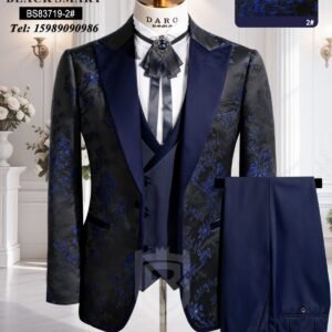 A navy blue suit with floral pattern, including jacket, vest, and trousers, displayed on a mannequin.