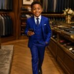 A young boy in a blue suit holding a phone, standing in a stylish clothing store with various suits and accessories in the background.