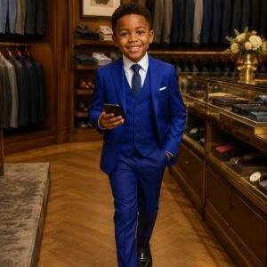 A young boy in a blue suit holding a phone, standing in a stylish clothing store with various suits and accessories in the background.
