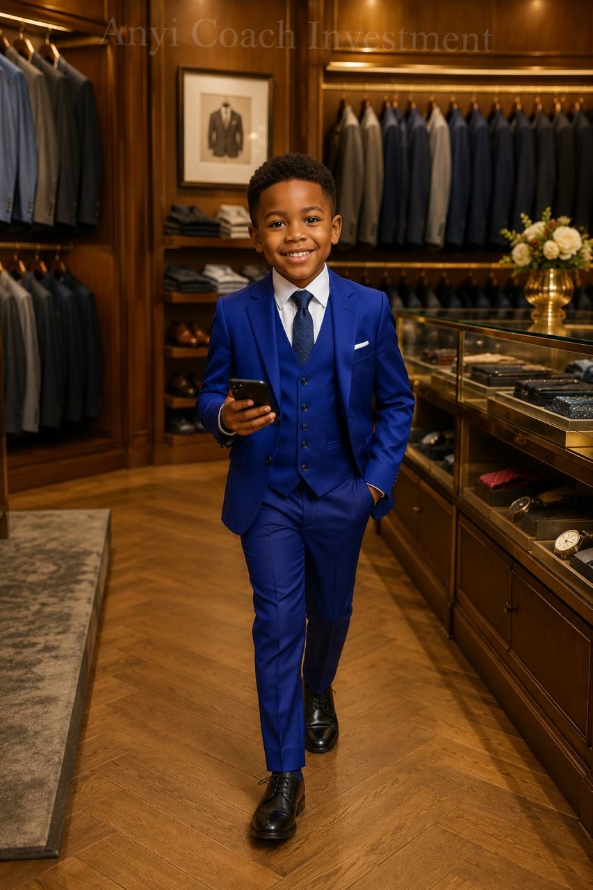 A young boy in a blue suit holding a phone, standing in a stylish clothing store with various suits and accessories in the background.