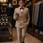 A young boy confidently walking in a stylish tan double-breasted suit, perfect for formal events and special occasions.
