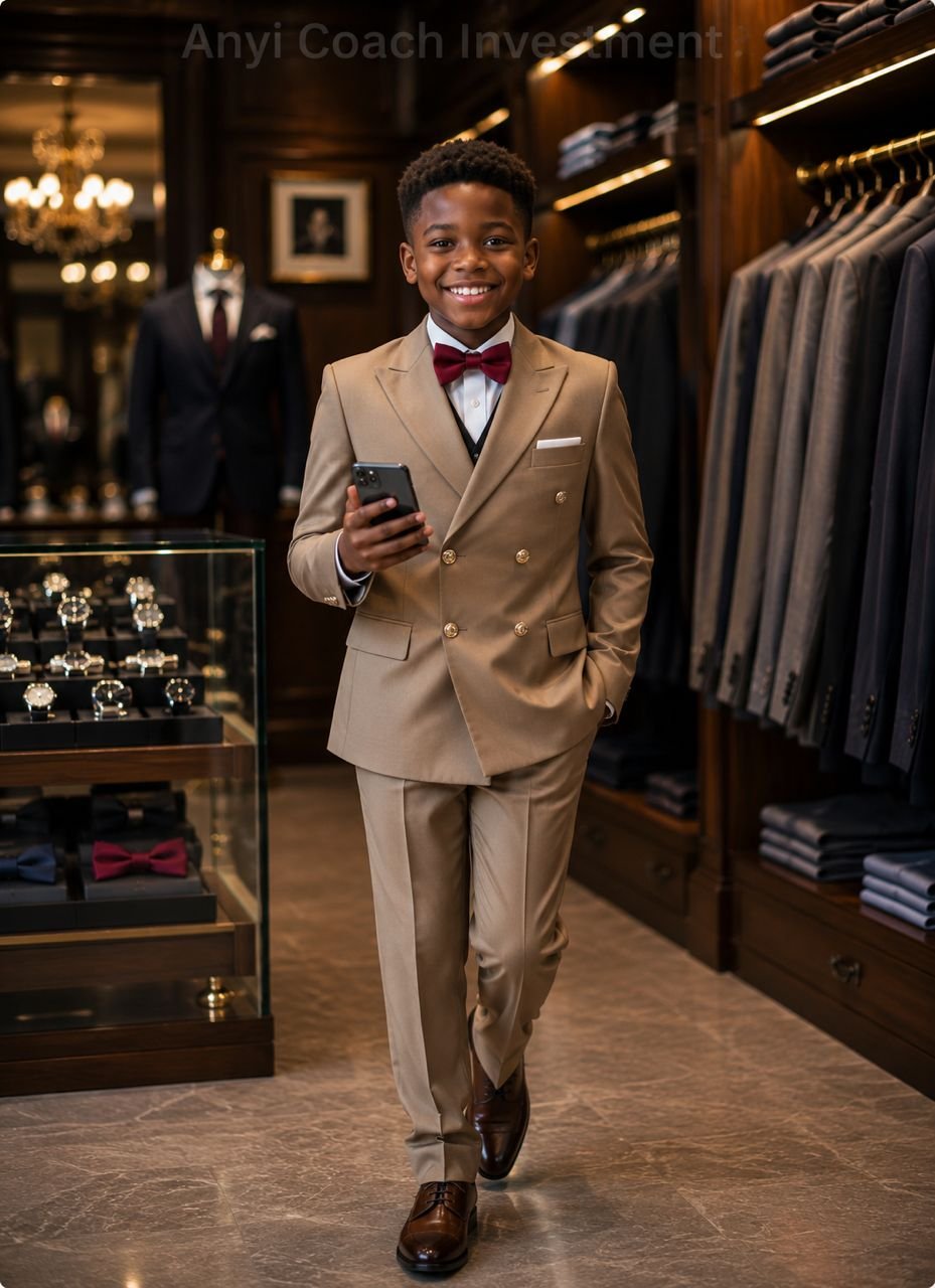 A young boy confidently walking in a stylish tan double-breasted suit, perfect for formal events and special occasions.