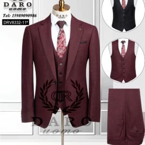 A mannequin wearing a maroon three-piece suit with a matching tie and vest options, showcasing the stylish and sophisticated design of the suit.