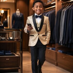 A young boy confidently walking in a gold blazer, perfect for kids formal events, showcasing style and sophistication.