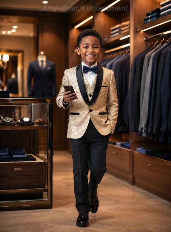 A young boy confidently walking in a gold blazer, perfect for kids formal events, showcasing style and sophistication.