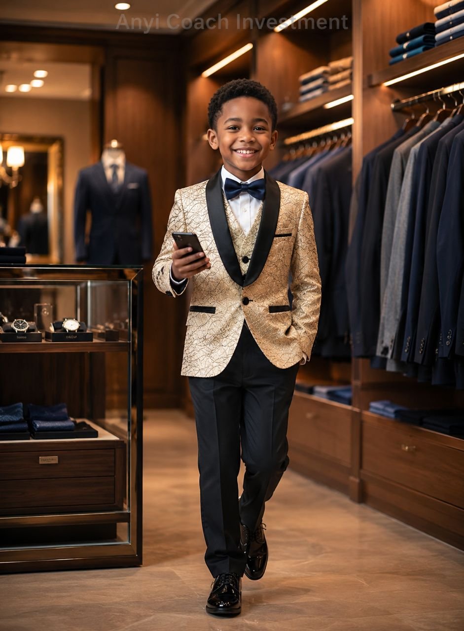 A young boy confidently walking in a gold blazer, perfect for kids formal events, showcasing style and sophistication.